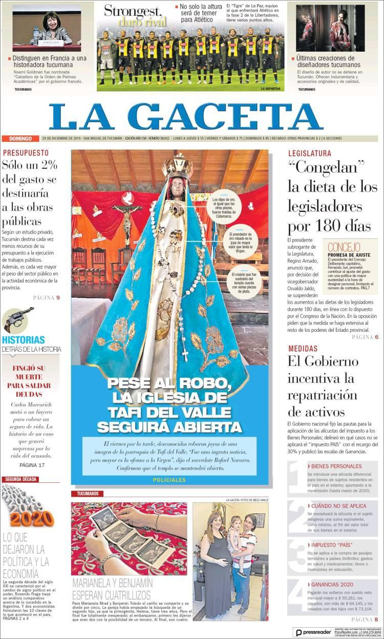 Tapa de diarios, La Gaceta, domingo 29 de diciembre de 2019