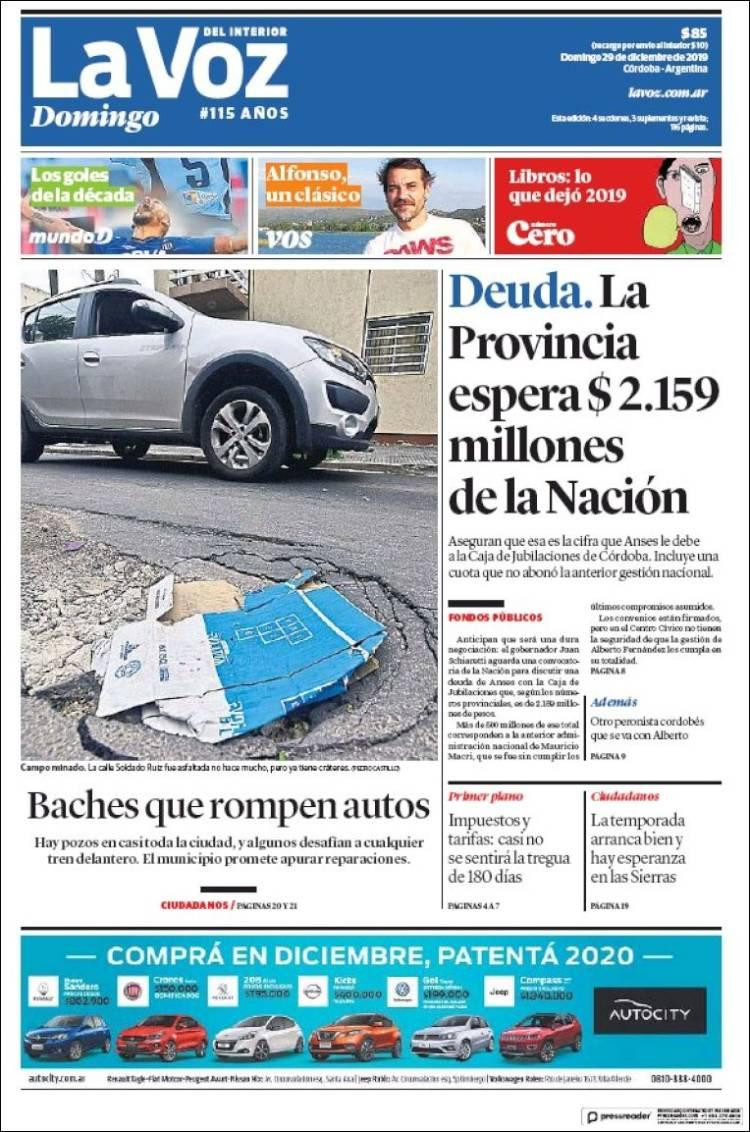 Tapa de diarios, La Voz, domingo 29 de diciembre de 2019