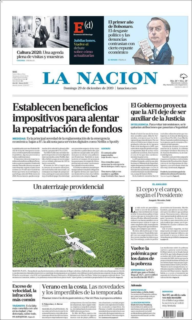Tapa de diarios, La Nación, domingo 29 de diciembre de 2019