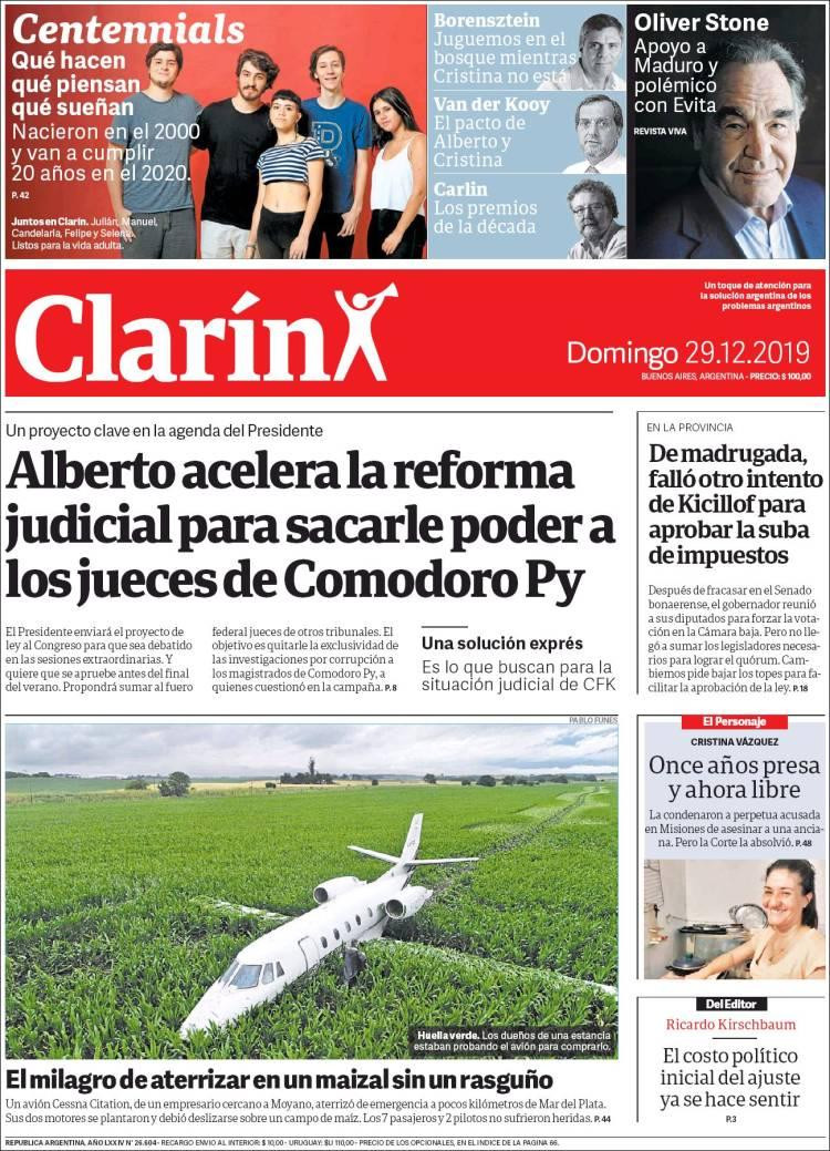 Tapa de diarios, Clarín, domingo 29 de diciembre de 2019