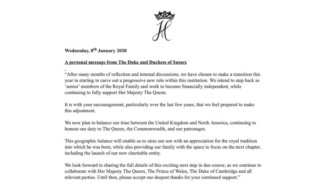 El Príncipe Harry y Meghan Markle renunciaron a sus funciones en la Familia Real británica, comunicado