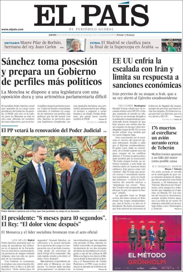 Tapas de diarios argentinos, El País 9 de enero de 2020