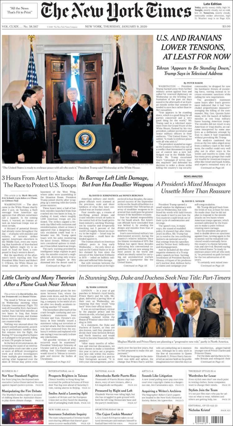 Tapas de diarios internacionales, The New York Times jueves 9 de enero