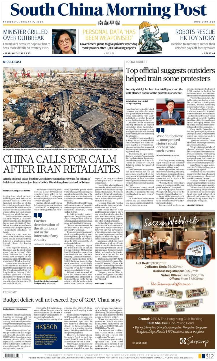 Tapas de diarios internacionales, South China Morning Post jueves 9 de enero