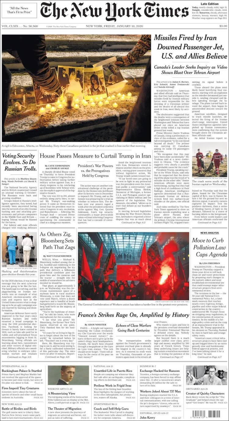 Tapas de diarios, New York Times, viernes 10 de enero de 2020