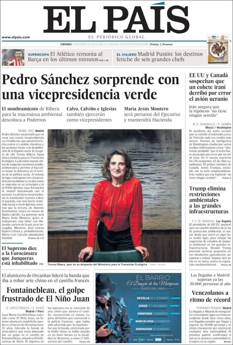 Tapas de diarios, El País, viernes 10 de enero de 2020