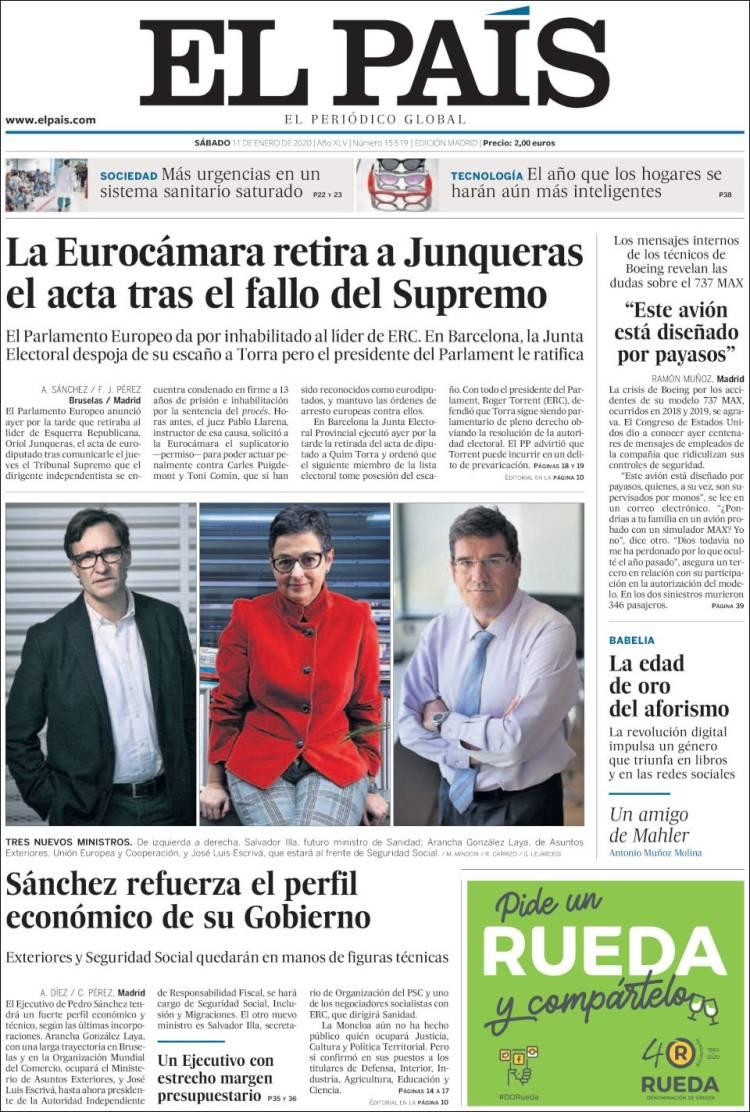 Tapas de diarios, El País, sábado 11 de enero de 2020