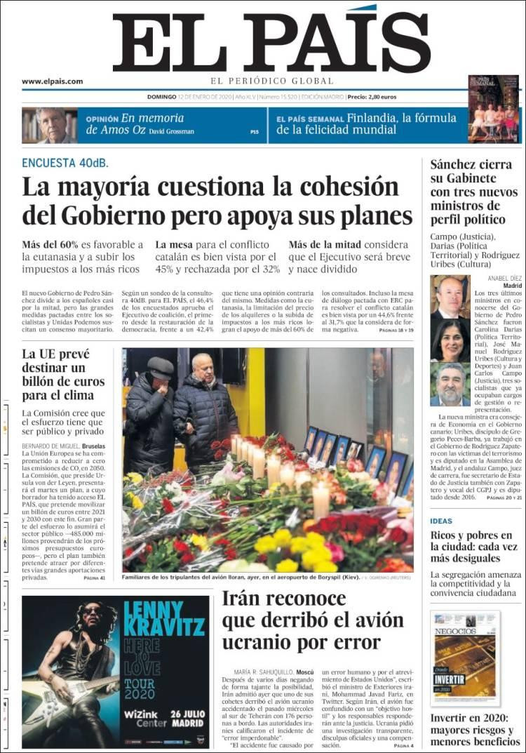 Tapas de diarios, El País, domingo 12 de enero de 2020	