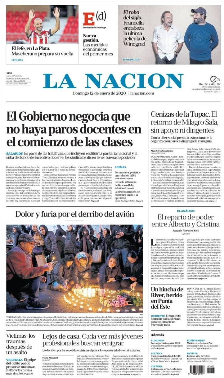 Tapas de diarios, La Nación, domingo 12 de enero de 2020	