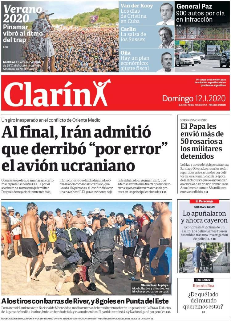Tapas de diarios, Clarín, domingo 12 de enero de 2020	