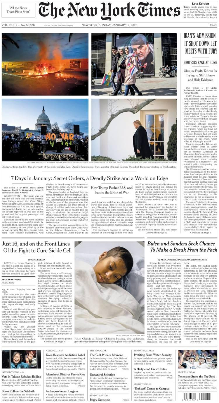Tapas de diarios, The New York Times, domingo 12 de enero de 2020	