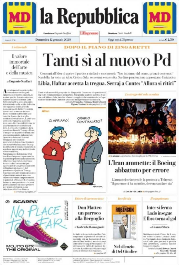 Tapas de diarios, Repubblica, domingo 12 de enero de 2020	
