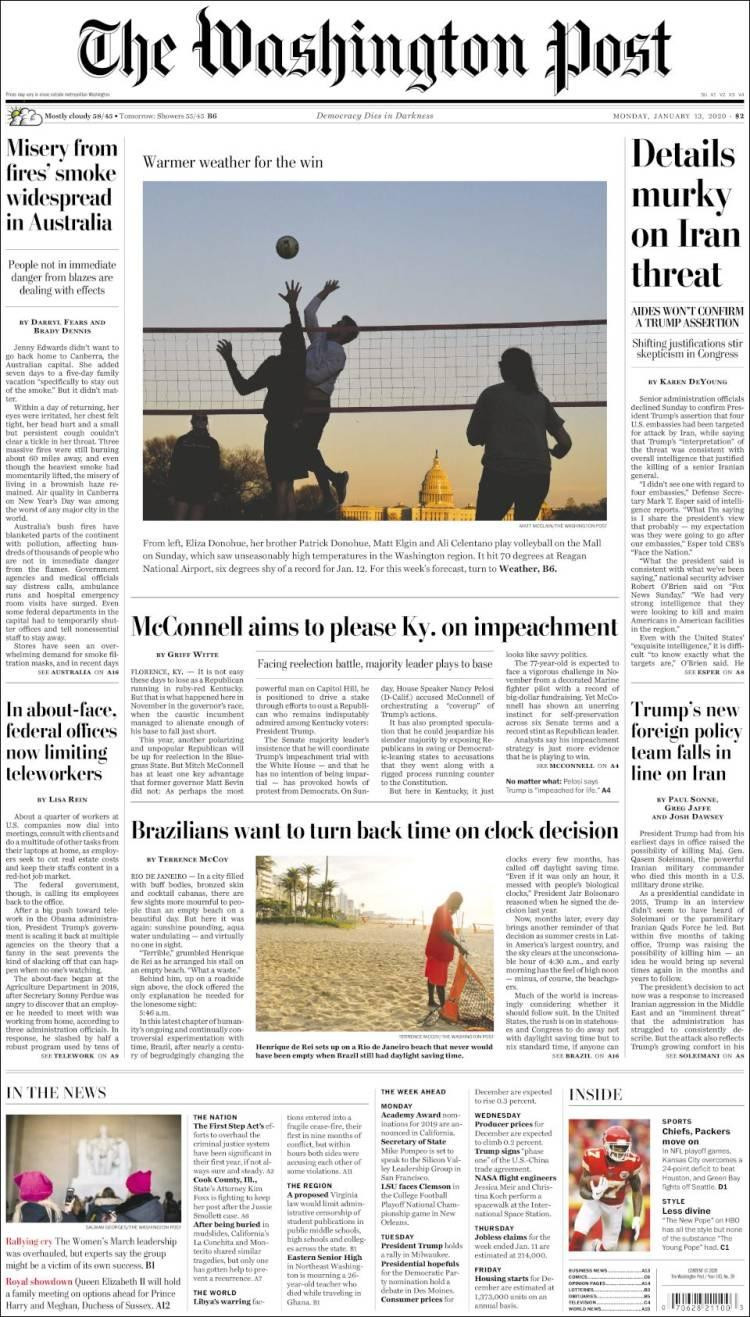 Tapas de diarios, The Washington Post, lunes 13 de enero de 2020