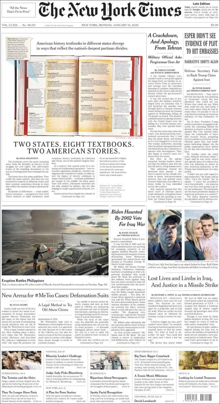 Tapas de diarios, The New York Times, lunes 13 de enero de 2020