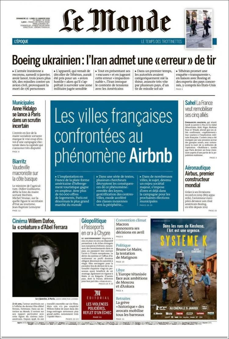 Tapas de diarios, Le Monde, lunes 13 de enero de 2020