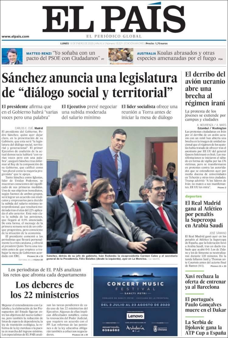 Tapas de diarios, El País España, lunes 13 de enero de 2020