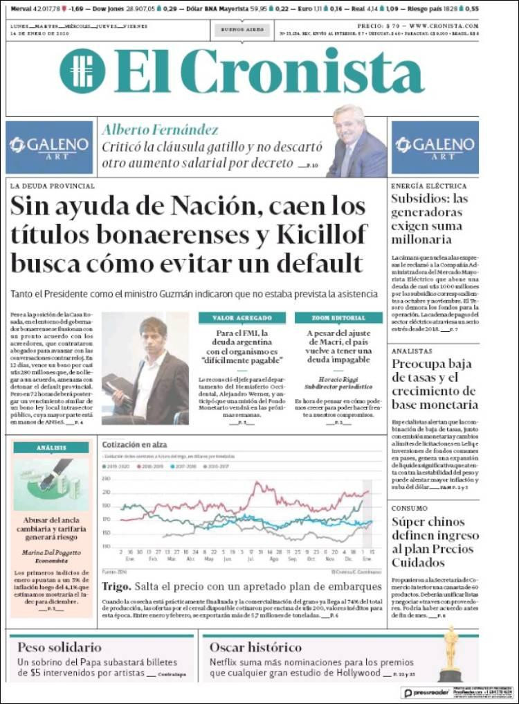 Tapas de diarios, El Cronista, martes 14 de enero de 2020