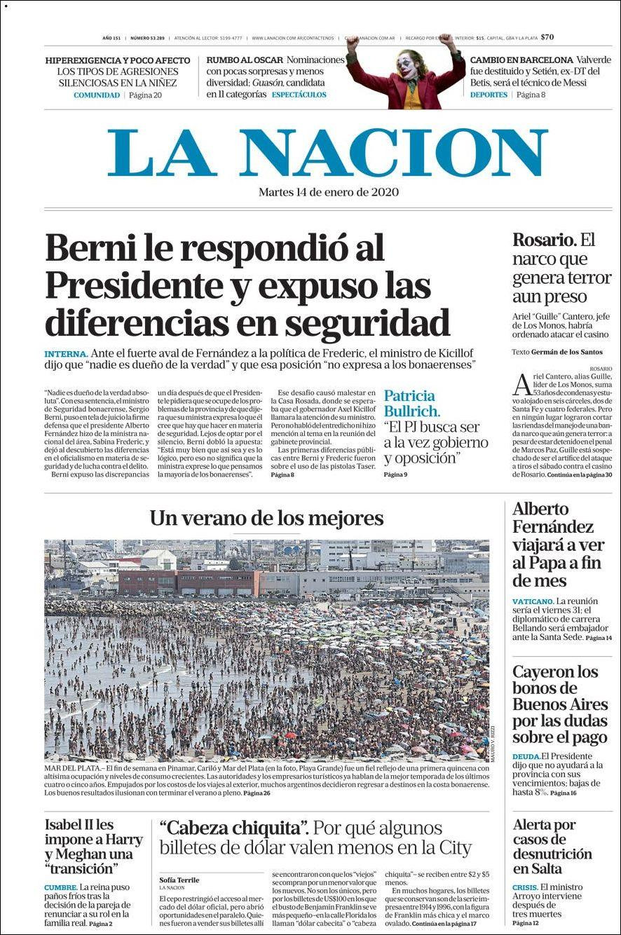 Tapas de diarios, La Nación, martes 14 de enero de 2020
