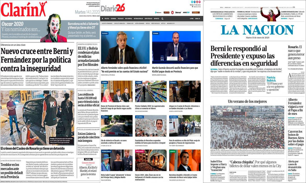 Tapas de diarios argentinos, martes 14 de enero de 2020
