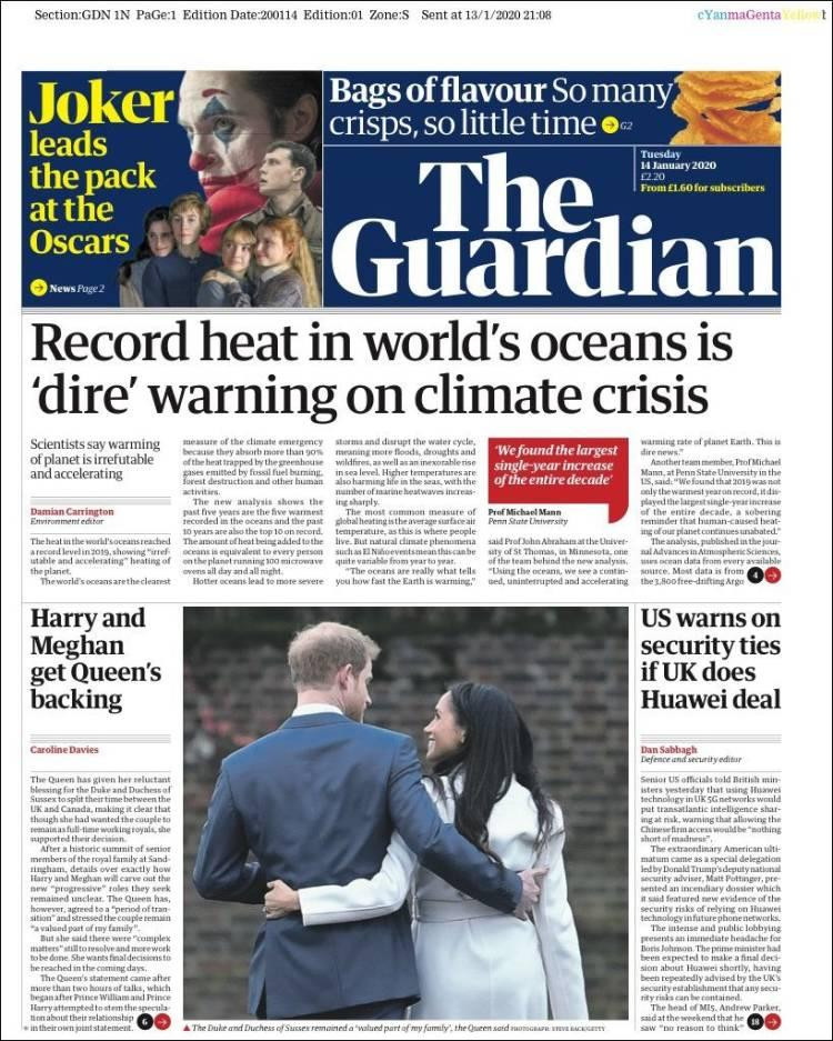 Tapas de diarios, The Guardian, martes 14 de enero de 2020