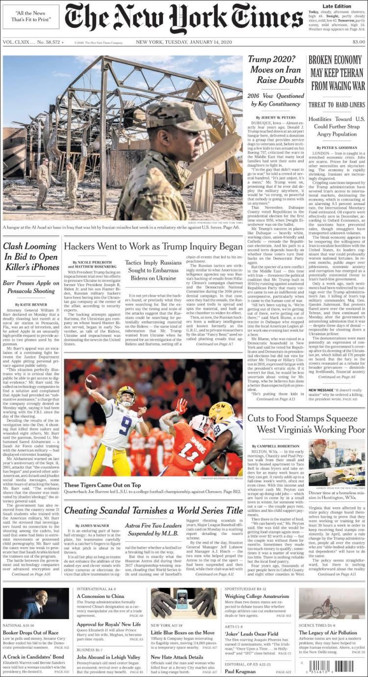 Tapas de diarios, The New York Times, martes 14 de enero de 2020