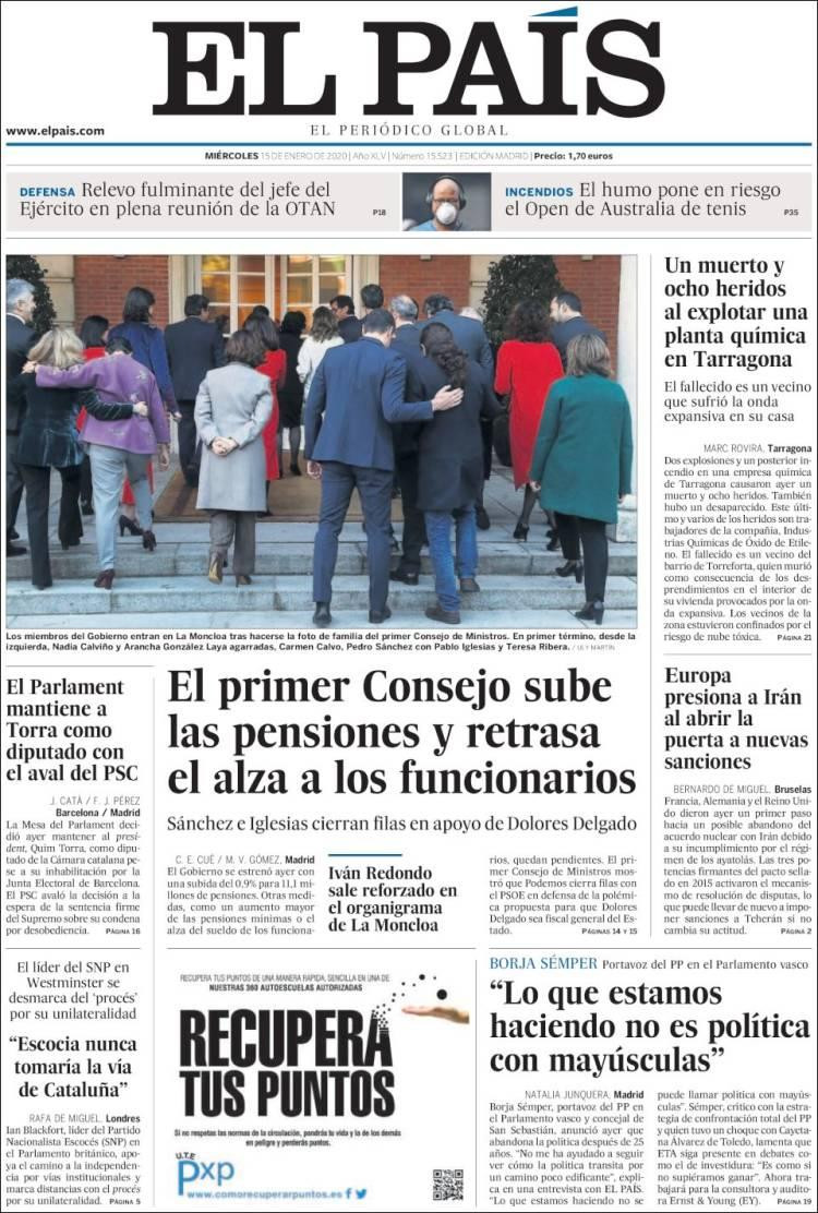 Tapas de diarios, El Pais de España, miercoles 15 de enero de 2019