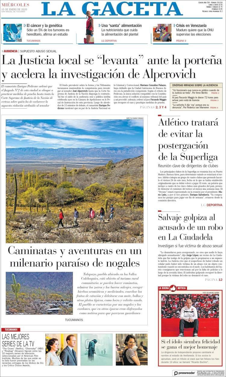 Tapas de diarios, La Gaceta, miercoles 15 de enero de 2019