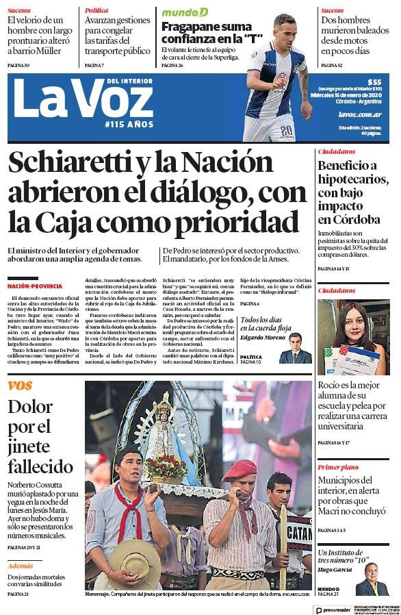 Tapas de diarios, La Voz del Interior, miercoles 15 de enero de 2019