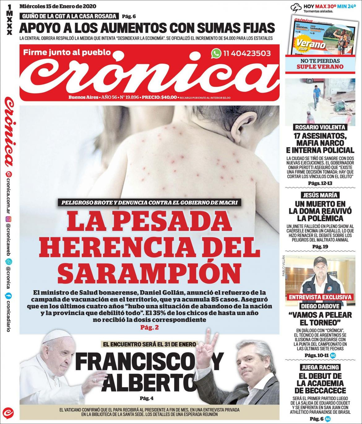 Tapas de diarios, Crónica, miercoles 15 de enero de 2019