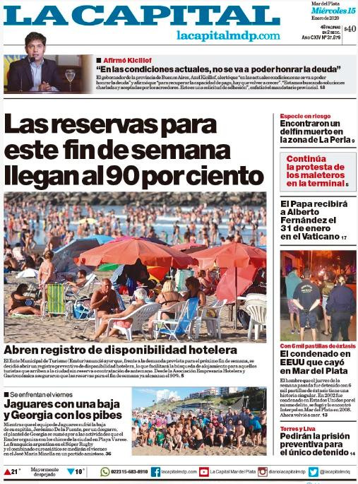 Tapas de diarios, La Capital de Mar del Plata, miercoles 15 de enero de 2019