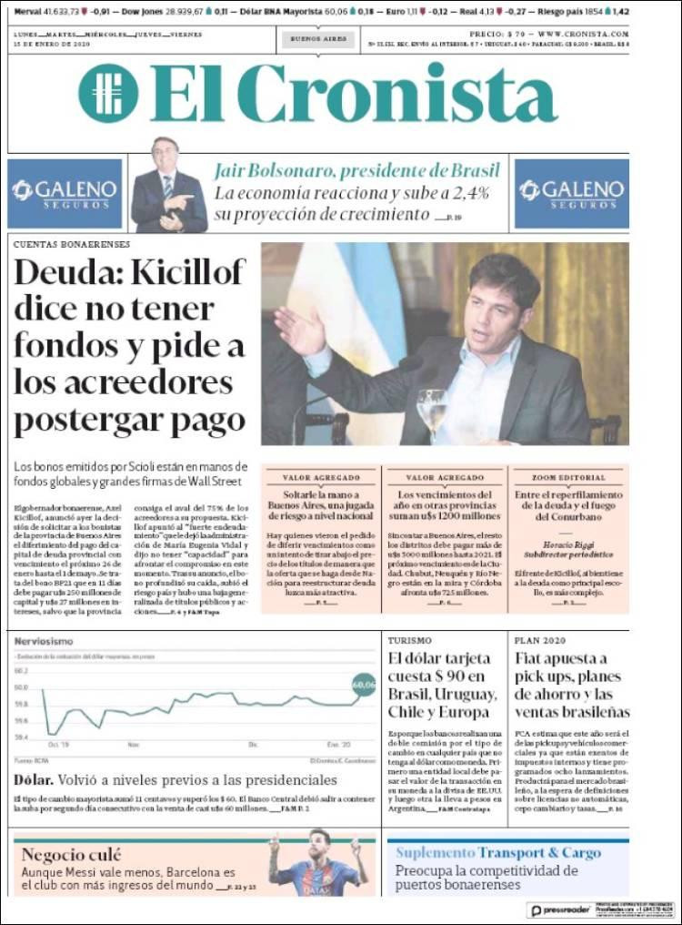Tapas de diarios, El Cronista, miercoles 15 de enero de 2019
