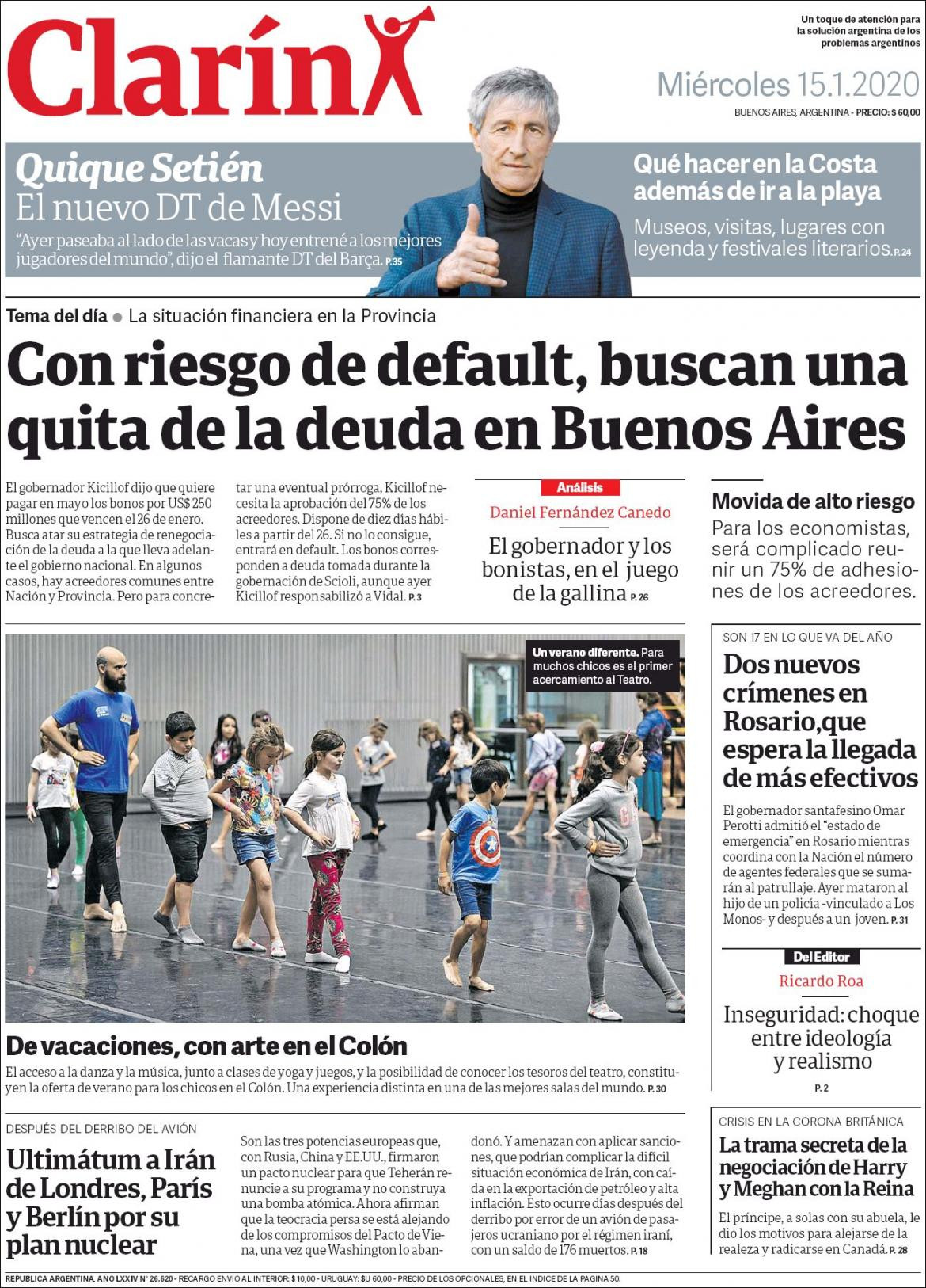 Tapas de diarios, Clarin, miercoles 15 de enero de 2019