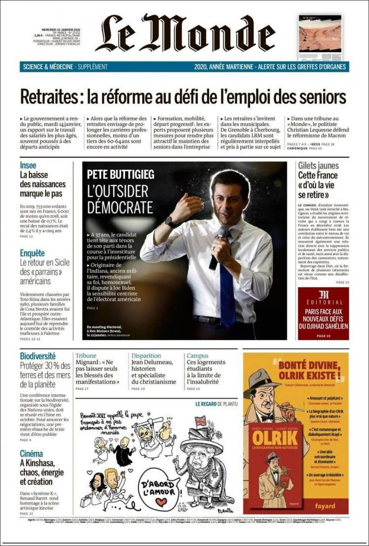 Tapas de diarios, Le Monde de Francia, miercoles 15 de enero de 2019