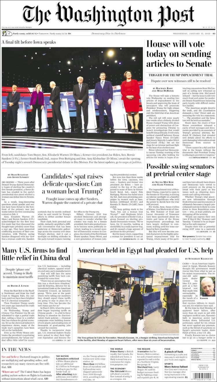 Tapas de diarios, The Washington Post, miercoles 15 de enero de 2019