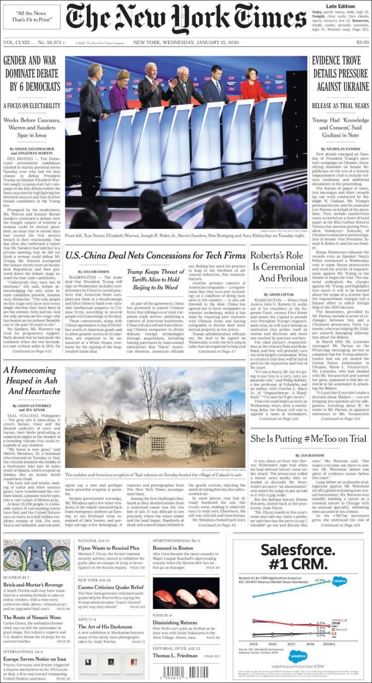 Tapas de diarios, The New York Times de Estados Unidos, miercoles 15 de enero de 2019