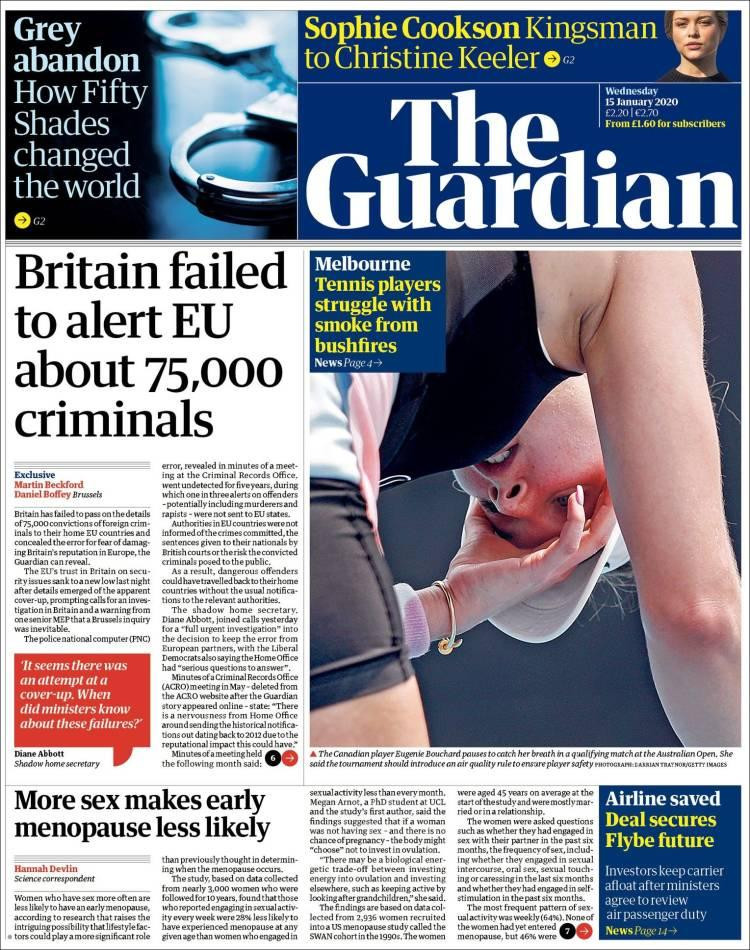 Tapas de diarios, The Guardian de Gran Bretaña, miercoles 15 de enero de 2019
