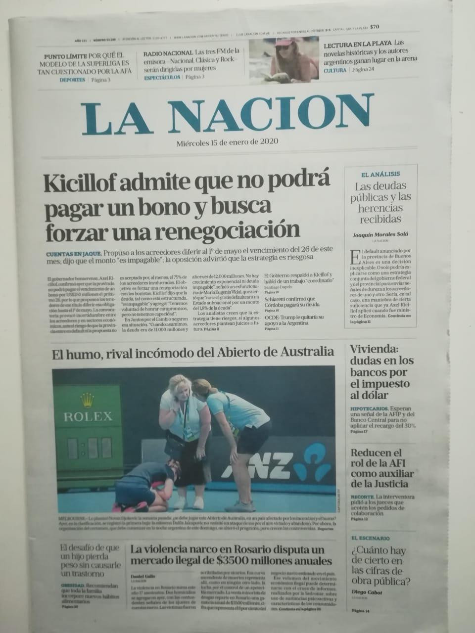 Tapas de diarios, La Nación, miercoles 15 de enero de 2019