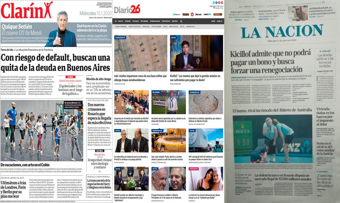 Tapas de diarios argentinos, miercoles 15 de enero de 2019