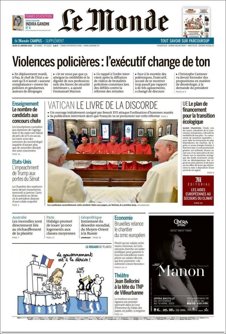Tapas de diarios, Le Monde, jueves 16 de enero de 2020