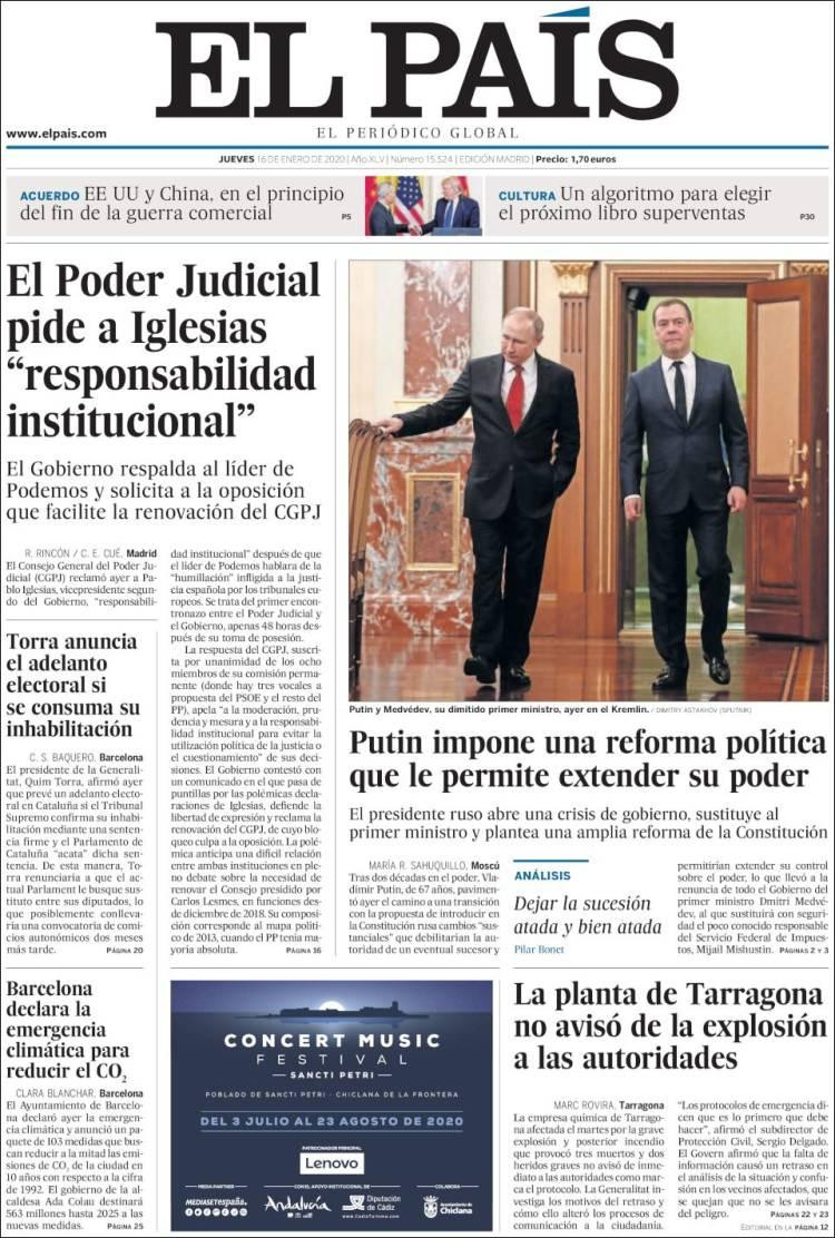 Tapas de diarios, El País, jueves 16 de enero de 2020