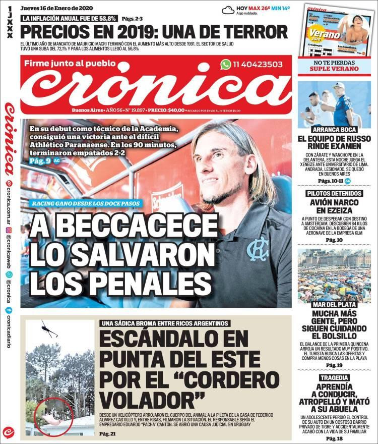 Tapas de diarios, Crónica, jueves 16 de enero de 2020
