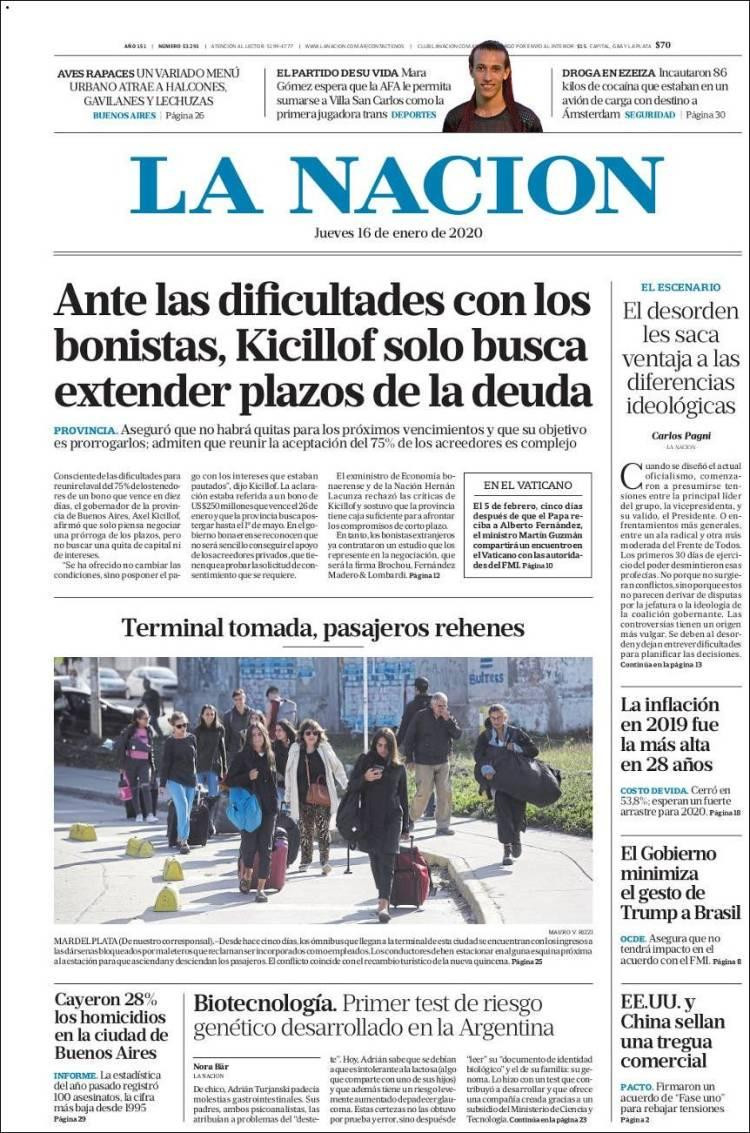Tapas de diarios, La Nación, jueves 16 de enero de 2020