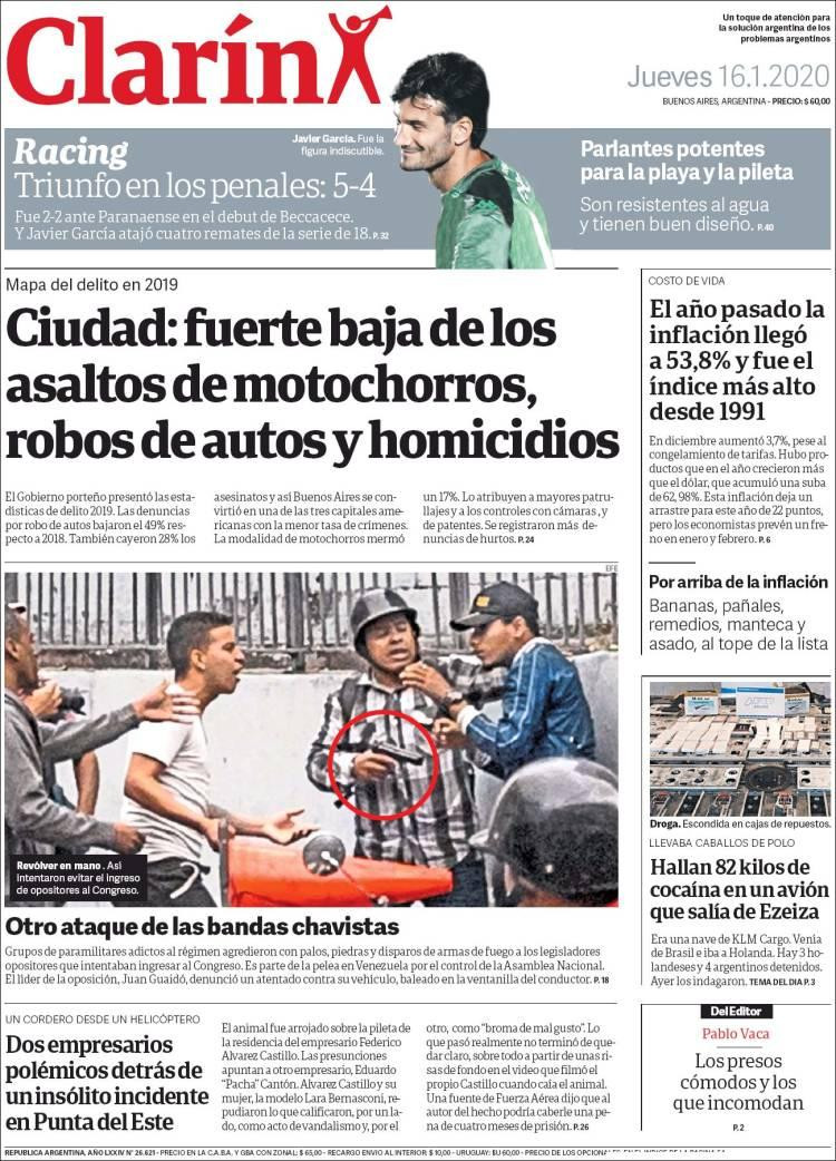Tapas de diarios, Clarín, jueves 16 de enero de 2020