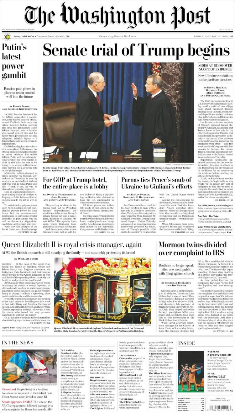 Tapas de diarios, Washington Post, viernes 17 de enero de 2020|