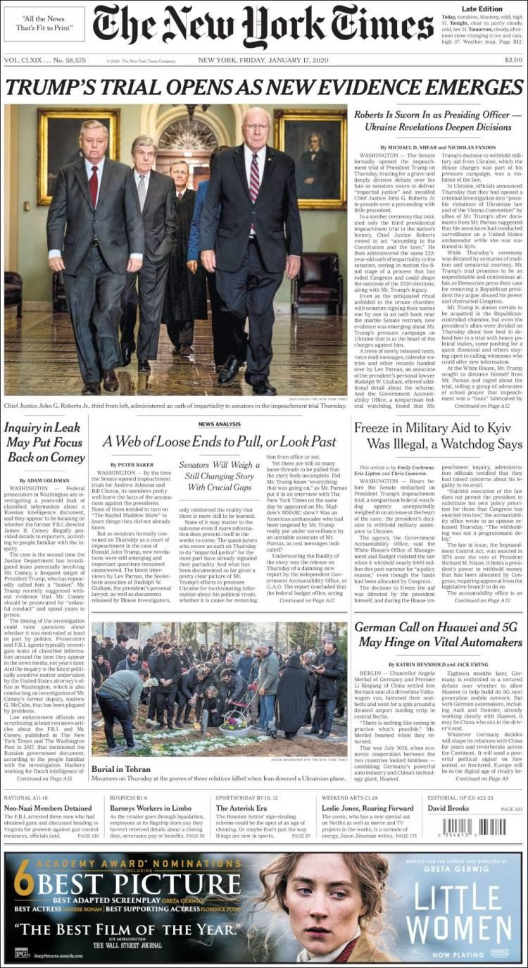 Tapas de diarios, New York Times, viernes 17 de enero de 2020|