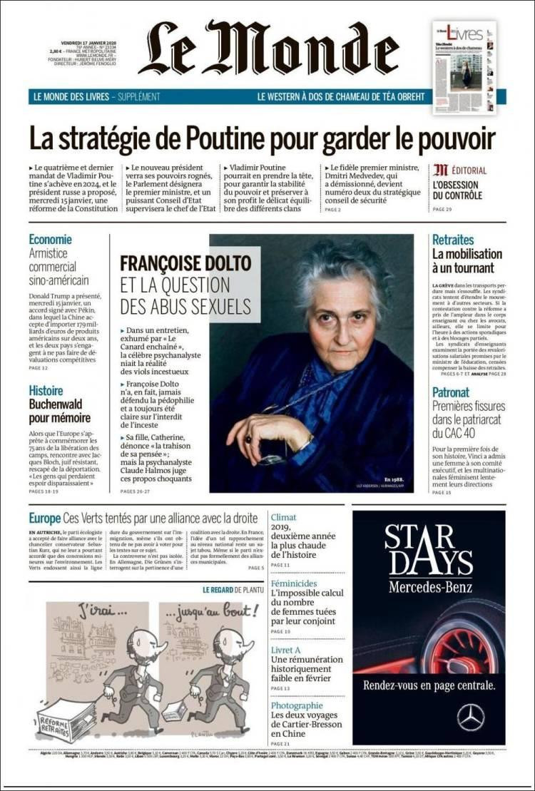 Tapas de diarios, Le Monde, viernes 17 de enero de 2020|