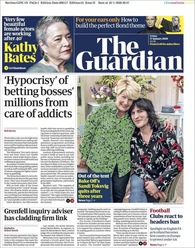 Tapas de diarios, Guardian, viernes 17 de enero de 2020|