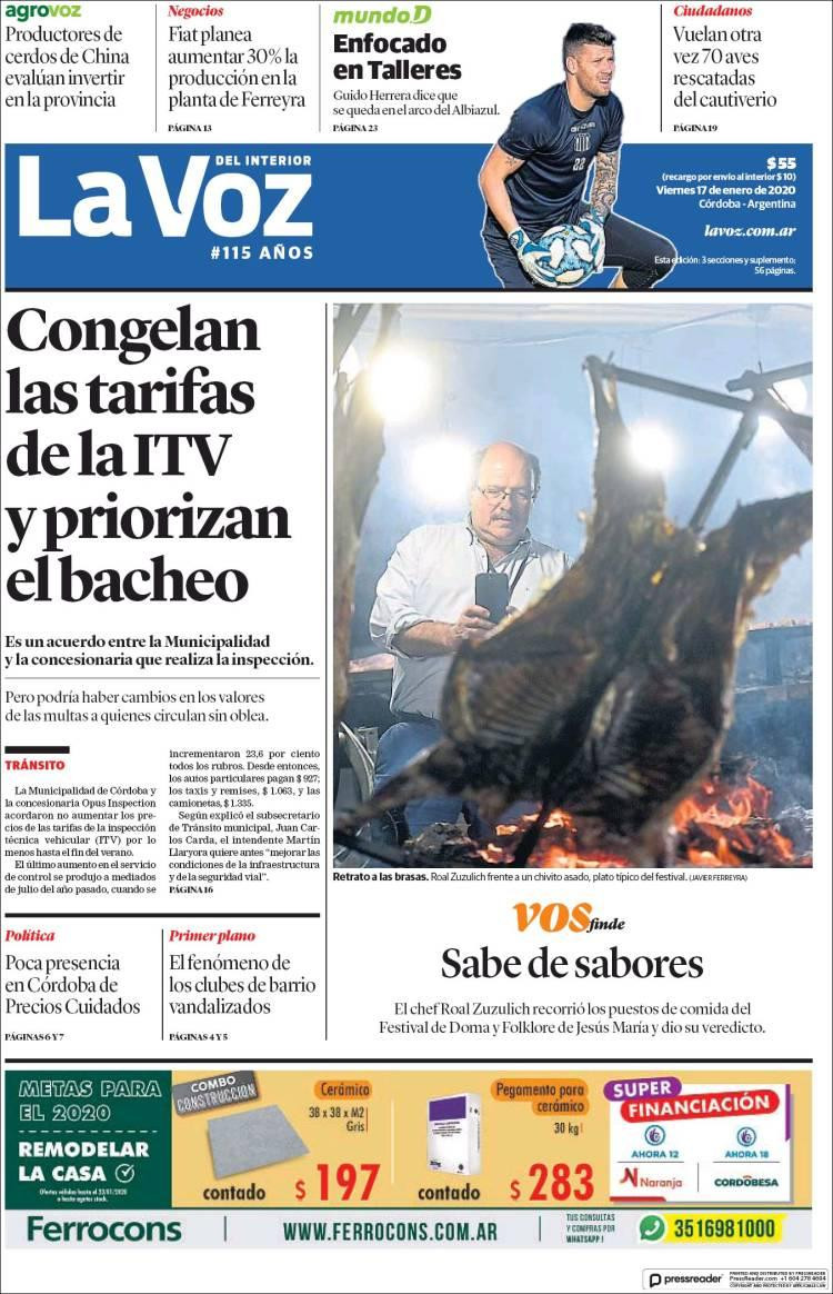Tapas de diarios, La Voz, viernes 17 de enero de 2020|