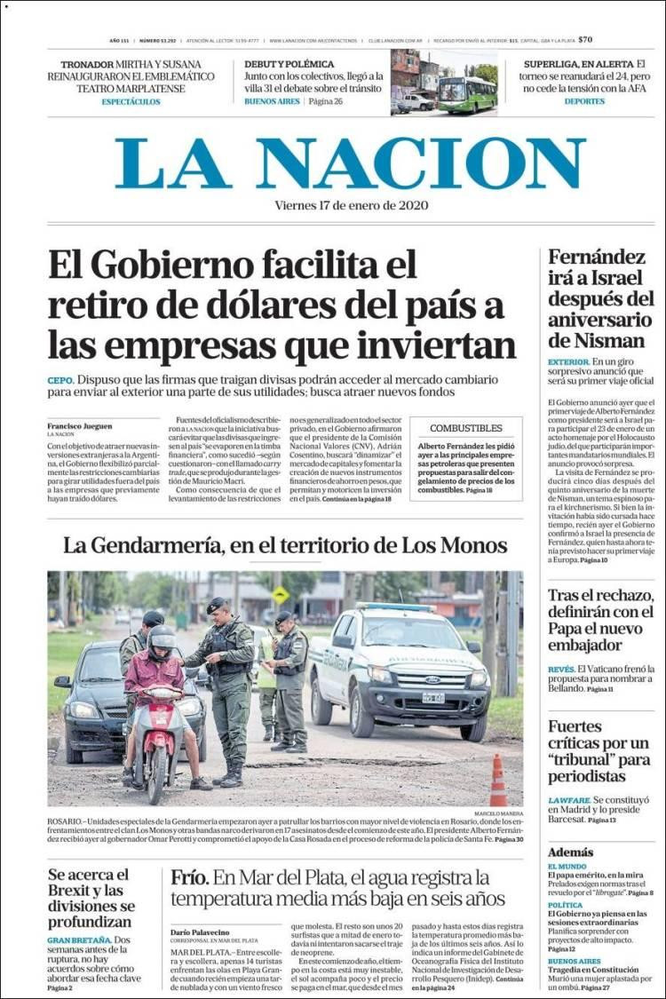 Tapas de diarios, La Nación, viernes 17 de enero de 2020|