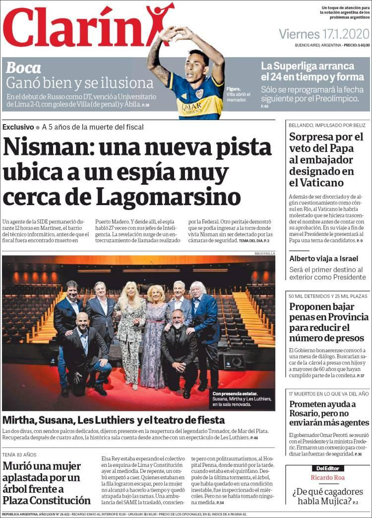 Tapas de diarios, Clarín, viernes 17 de enero de 2020|